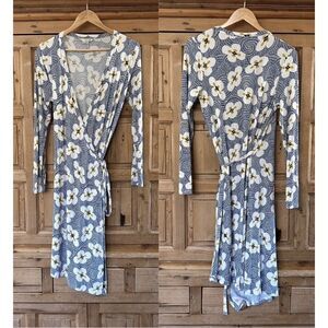 Boden US 8 / UK 12 Blue‎ Floral Wrap Dress Toulon Viscose Long Sleeve White